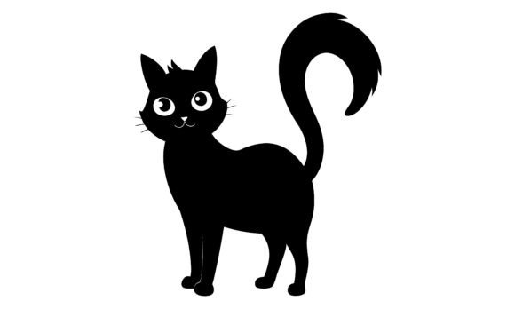 Black Cat Cartoon Illustration with Happ