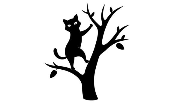 Black Cat Climbing Tree Silhouette