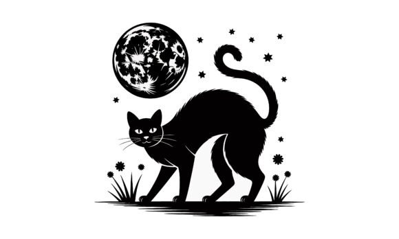 Black Cat Silhouette Under Full Moon