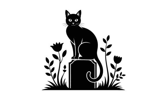 Black Cat Sitting on Gravestone