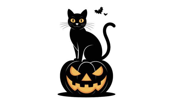 Black Cat Sitting on Halloween Pumpkin