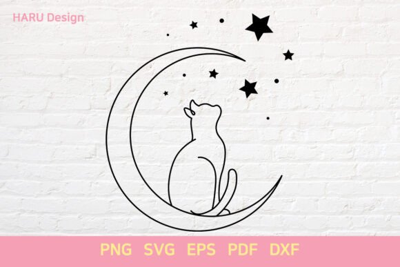 Moon Cat and Stars Cute Cat Outline
