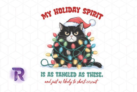 Tangled Lights Black Cat Christmas PNG